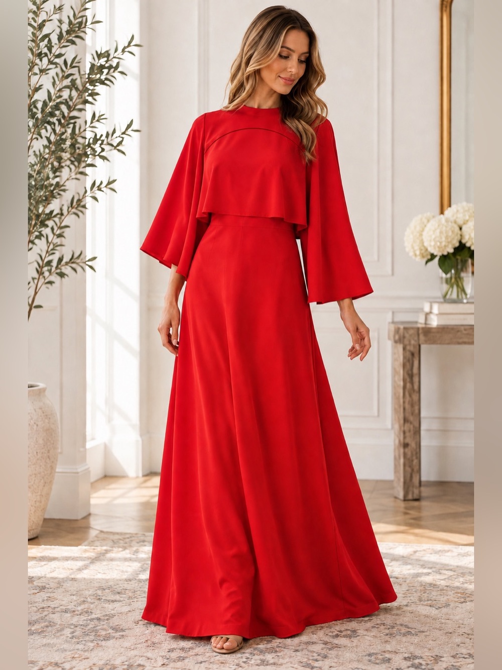 Vintage 70s C.M. Courtney Red Maxi Dress Cape Overlay Bell Sleeve Gown